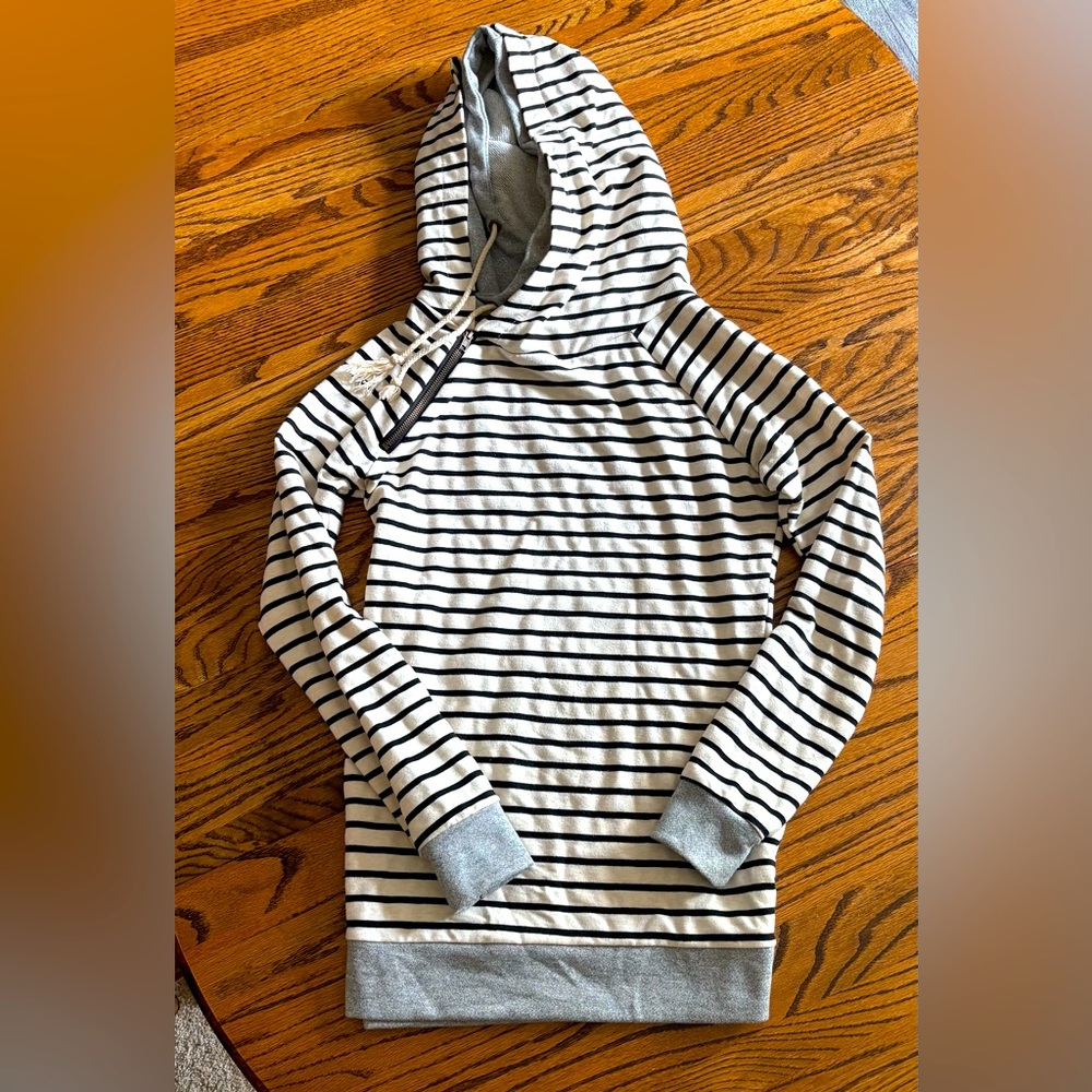 AmpersandAve Striped Gray and Black Maternity Hoodie Shirt
